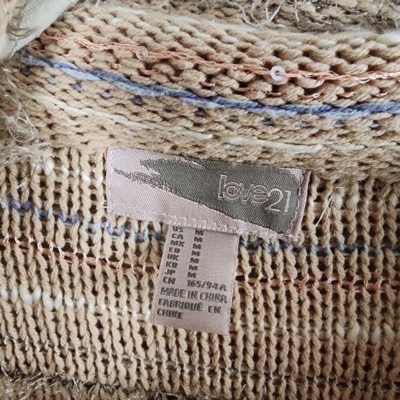 Love 21 Eyelash Belted Cardigan Sweater Tan Size Medium - Picture 3 of 10